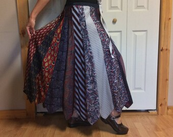 Long Silk Skirt/Plus Size Skirt/Silver Tie Skirt/Upcycled Clothes/Recycled Necktie Skirt/Mens Neckties/Repurposed Clothing/Womens Large-XL