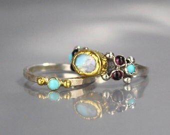 Turquoise Wedding Ring Set, Turquoise Ring, Stacking Rings, Wedding Ring,Turquoise Birthstone, Stackable, Birthstone Gift, Natural Turquoise