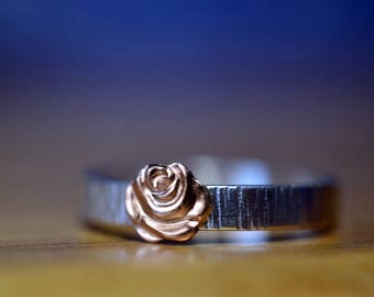 14K Gold Rose Ring, Sterling Silver Tree Bark Ring, Custom Engraved Birch Bark Wedding Band, Personalized Men's Wedding Jewelry