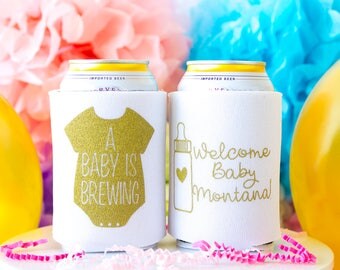 A Baby is Brewing, Baby Shower Favors, Baby Shower Party, Can Coolers, Party Favors, Gender Reveal, Couples Shower, Welcome Baby