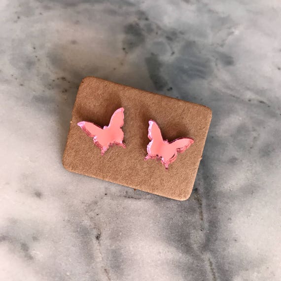 Pink Mirror Spring Studs - Butterflies - Rabbits - Hearts - Elephants - FREE SHIPPING - Handmade Mirror Pink Earrings