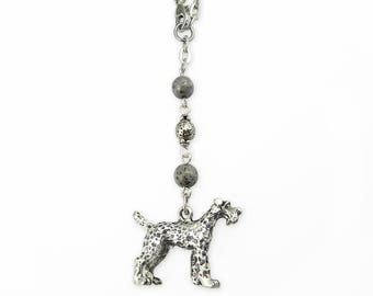 Dog Car Mirror Charm, 3D Antique Silver Schnauzer, Gray Silver Beads & Chain, Mirror Dangle, Pet Theme Rear View Mirror Hanger, Car Jewelry
