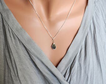 Raw Sapphire Necklace, Tiny Rough Stone Jewelry, Wire Wrap Raw Crystal Necklace September Birthstone Dainty Sterling Silver Pendant Necklace