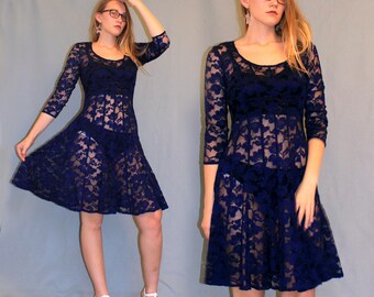 Vintage Navy Blue Lace Sheer Dress, Sheer Lace Dress, Vintage Lace Dress, Sheer Dress, Lace Bohemian Dress, Boho Lace Dress, Blue Sheer Lace