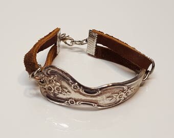 Leather Spoon Bracelet, Flatware Jewelry, Silverware Jewelry, Stainless Steel, Wedding, Gift, Antique, Handmade, Upcycled, RePurposed,Unique