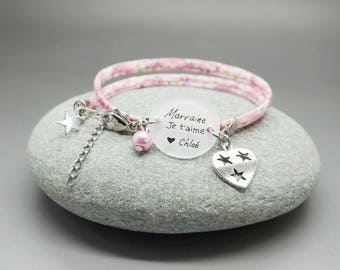 bracelet rose liberty cabochon "Marraine je t'aime + prénom" rose fille - bijou personnalisable - godmother gift
