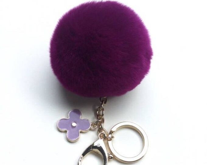Electric Purple fur pom pom keychain REX Rabbit fur pom pom ball with flower bag charm