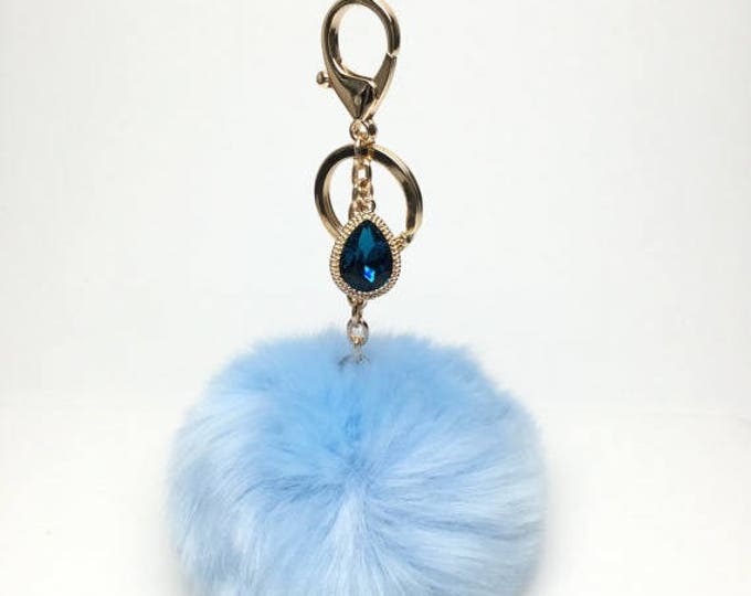 NEW! Faux Rabbit Fur Pom Pom bag Keyring keychain artificial fur puff ball in Pale Blue Crystals Collection