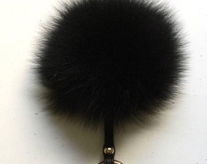 Black Fox Fur Pom Pom luxury bag pendant with leather strap metal buckle key ring chain bag charm