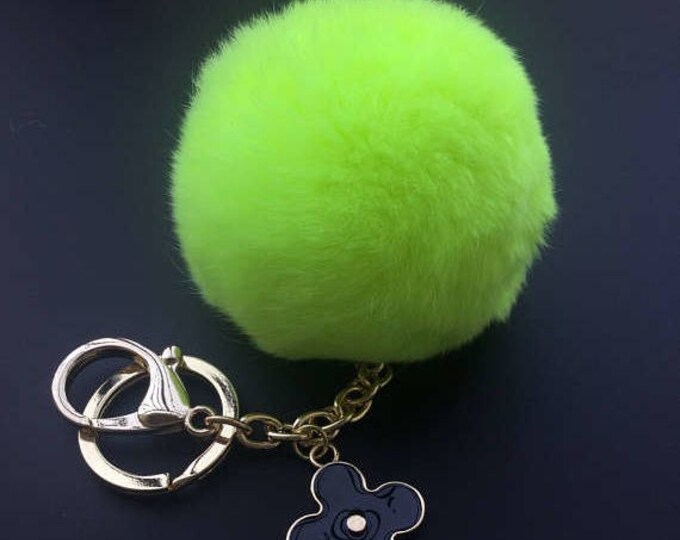 Neon Cute Genuine Rabbit fluffy ball furkey fur ball pom pom keychain for car key ring Bag Pendant