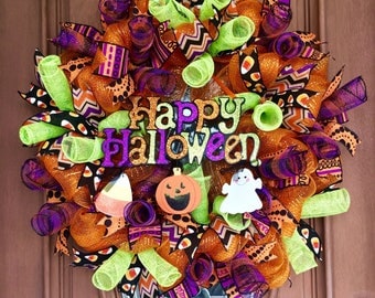 Sale! Halloween Wreath, Happy Halloween Wreath, Halloween Door Wreath, Halloween Door Hanger, Front Door Wreath, Mesh Halloween Wreath