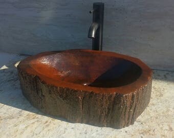Concrete log sink with metallic epoxy finish rustic cabin bathroom art decor teak bamboo cedar basin vessel vanity chic shabby contemporary