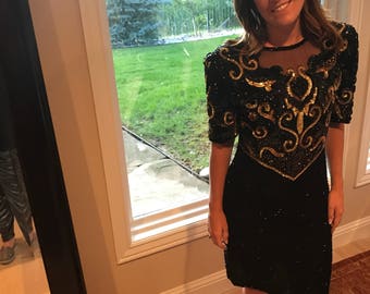 XL VTG Black and Gold Silk Sequin Dress