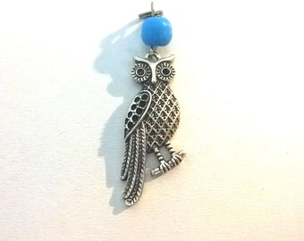 Large blue bead and silver metal OWL pendant