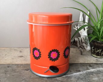 Vintage Brabantia Patrice Trash Bin or Can Retro Orange Flowers 70's Dutch Kitchenware