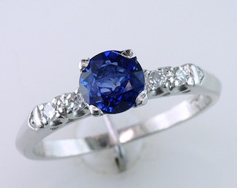 Art Deco 1.10ct Sapphire & Diamond Platinum Vintage Antique Engagement Ring