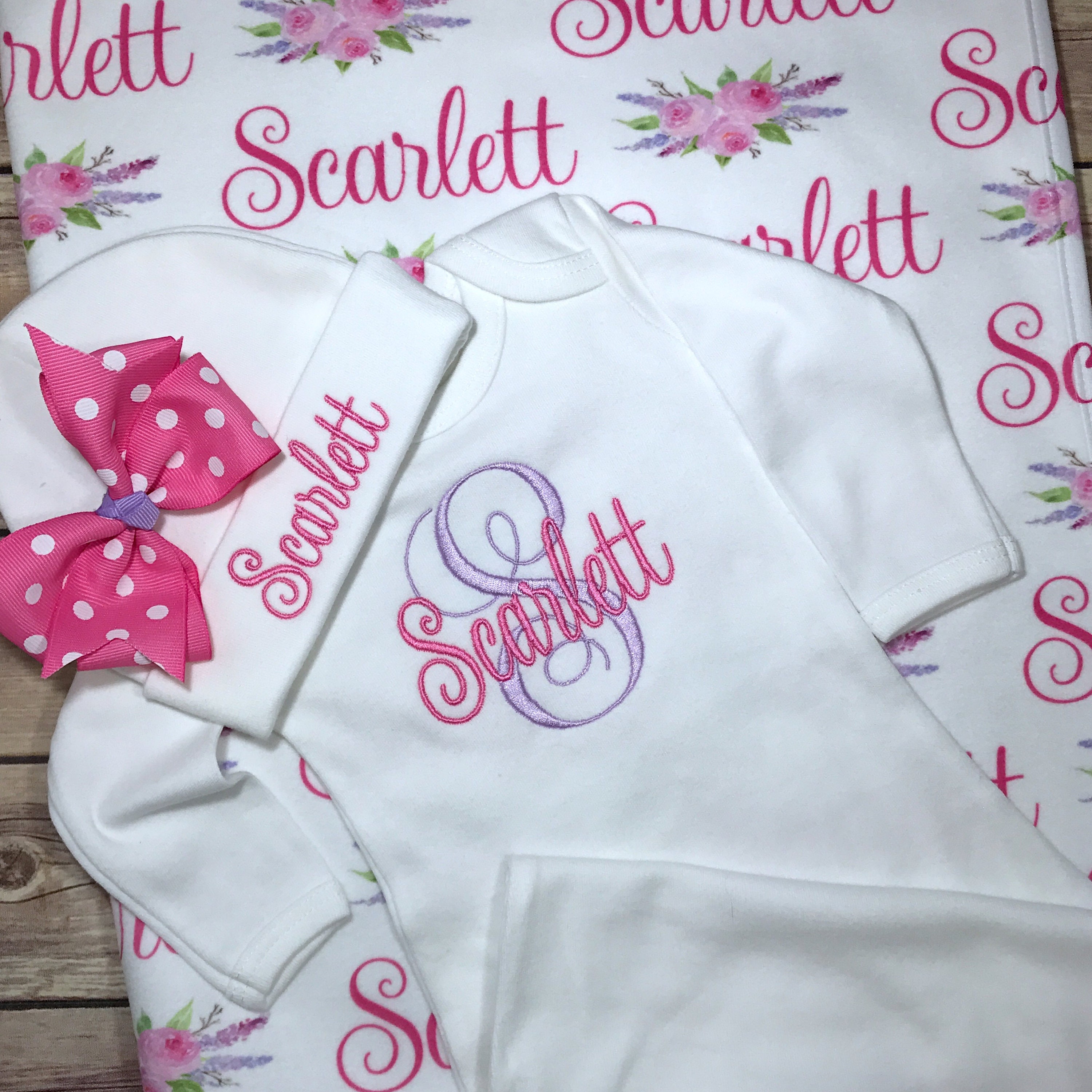 Monogram Initial Embroidered Gown Monogram Baby Gown Beanie