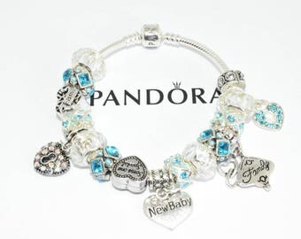 New Baby New mom Pandora Bracelet with European Charms and Beads Sterling Silver or European Charm Bracelet Love and Hearts