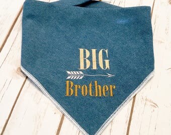 Big Brother Dog Bandana. Chambray denim neckwear with a rustic style and arrow. Pregnancy announcements can include your pet. Name on back