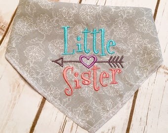 Little Sister Dog Bandana. Rich pastels, an arrow and heart, on silvery gray for a sweet subtle look Great Gift for Parents-to-Be. Tie On