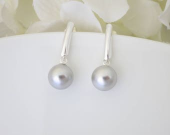 Pearl earring, Swarovski pale gray earring, Simple sterling silver drop earring, Business casual pearl earring