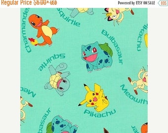 SALE Pokemon Character on Aqua Fabric, Pokemon Fabric, Pikachu, Kaufman 72015-70 AQUA / Yardage. Pokemon by the Yard / Pokemon Go Quilt