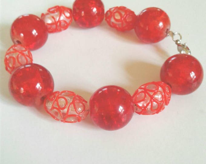 Red Chunky Beaded Design Bracelet, Statements Piece, Gift for Women, Beadwork, Glass Bead,Popular Style, Muti Colored, Christmas Gift, Bold.