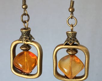 Copper Amber glass earrings, Boho earrings, Bohemian earrings, Dangle earrings jewelry, Copper earrings, Brass earrings, Gift for her