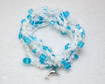 Beaded bracelet Crochet bracelet Wrap bracelet Beach bracelet Beach jewelry dolphin charm White Blue bracelet Long bracelet womens gift idea
