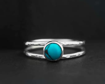 Turquoise silver ring, Turquoise ring, blue stone Dainty thin band hammered double ring - available with different gemstones