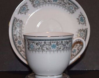 Catalina Island Souvenir Tea Cup and Saucer Blue Gray Silver on White