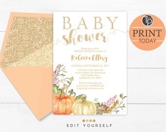 FALL Baby Shower Invitations, Pumpkin Baby Shower Invitations, editable pumpkin Baby Shower Invitation, Watercolor Pumpkin Invitation, Fall