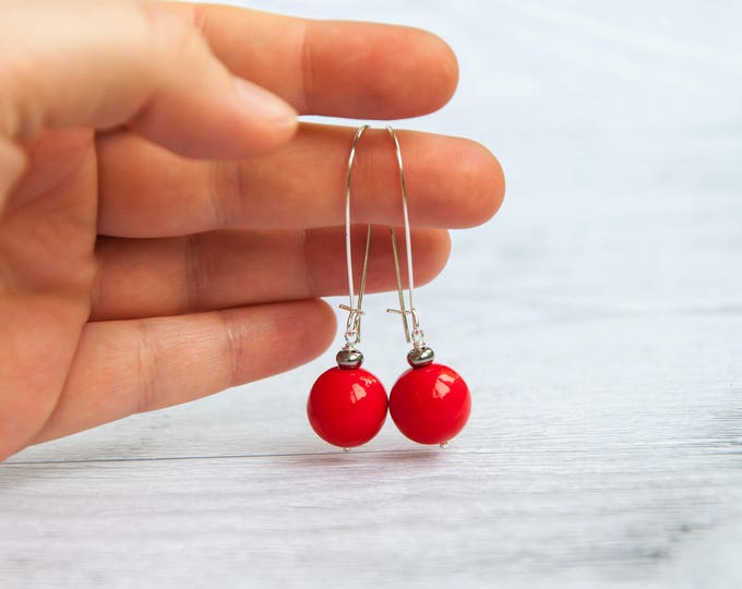 Red earrings for prom, Red ball earrings, Red dangle earrings, Red earrings long, Red earrings dangle