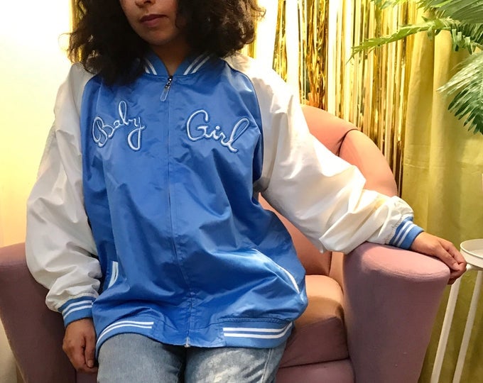 Vintage 1990s Baby Girl Baby Blue Silky Zip Up Varsity Letterman Jacket size S-XL (bust 50