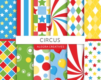 Circus digital paper, carnival, balloons, birthday party, blue, red, green, yellow, scrapbook papers (Instant Download)