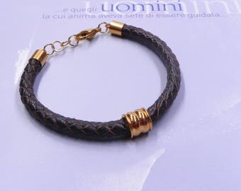 Bracciale uomo verde oliva acciaio oro cuoio naturale