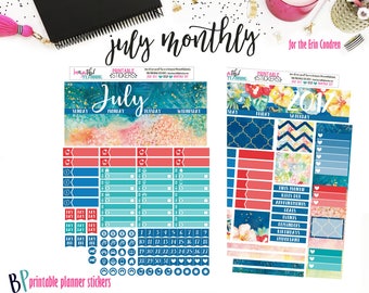 Planner Stickers | July Monthly Kit Printable | for use with Erin Condren | Planner Printable | Printable Planner Stickers | Cut Lines