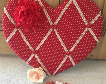 Heart Shaped Memo Board with Red and White Polka Dot and Fabric Flower Embellishment