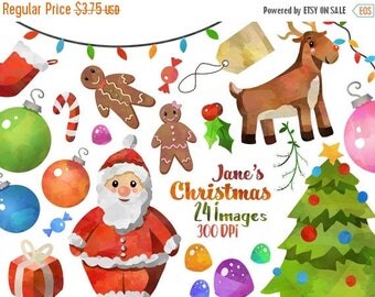 50% OFF Watercolor Christmas Clipart - Cute Christmas Download - Instant Download - Christmas Graphics - Santa - Rudolf - Stocking - Ornamen