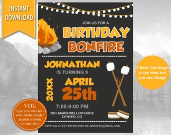 Bonfire Birthday Invitation| Bonfire Birthday,Bonfire,Bonfire Party, S'mores, Birthday Invitation,Bonfire Invite,Smores, Smores Invitation