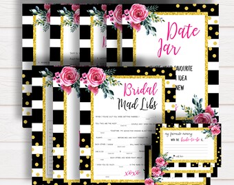 Mega Bridal Shower Games Pack, Kate Spade Bridal Shower Games Pack, Black White Floral Games, Bridal Mad Libs, Hen Party Games, Bachelorette