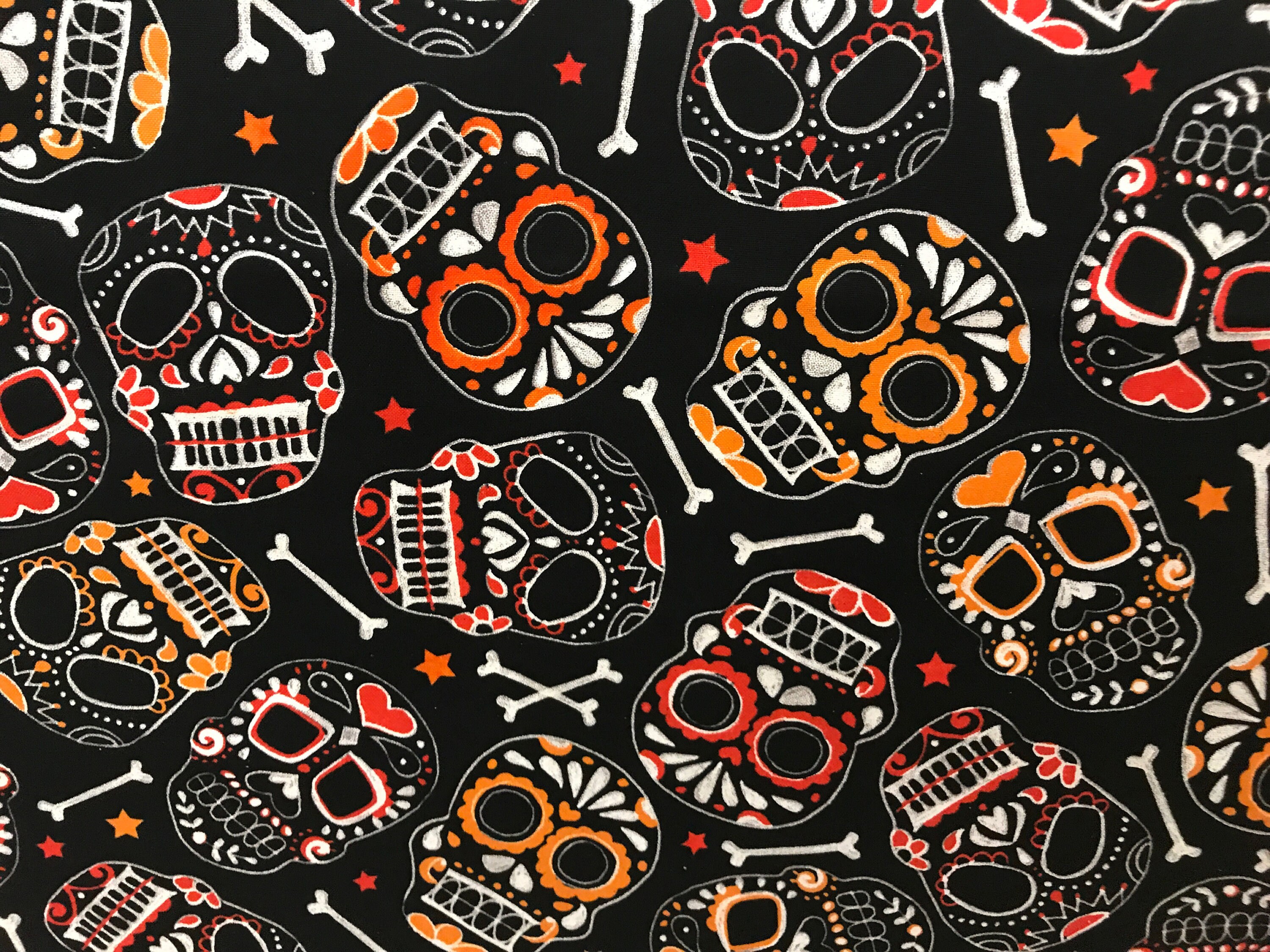 Sugar skulls crossbones Halloween fabric orange & black