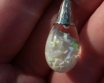 Antique Art Deco 1930's large sterling silver handblown teardrop floating opal glass orb pendant with acanthus leaf design w/ 22 inch chain