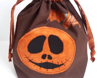 Knitting / Crochet Drawstring Project Bag "Halloween" flat bottom, small size, socks size - Borsa Portalavoro a Maglia o Uncinetto, piccola