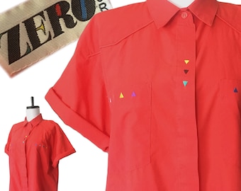 Vintage 80s Red Boxy Southwestern Embroidered Shirt — Medium