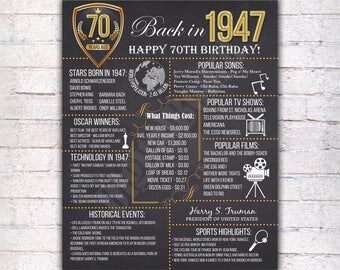 70th Birthday Chalkboard Poster Sign, 70 Years Ago Back in 1947 USA Events, Black White & Gold, Instant Download Digital Printable File 502