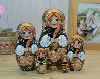 Russian nesting doll, Gift for daughter, Handmade Matryoshka, Babushka in black white and gold, Wooden hand painted stacking dolls, Folk art