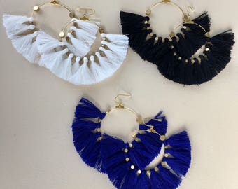 Pick Color/ Large Tassel Earrings/ Mini Tassels/ Bright Multicolor/ Tassel Hoop Earrings/ Mini Tassels/ 2 Inch Gold Hoop/ Brass Beads