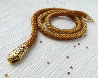 snake necklace gold necklace beaded necklace charm necklace handmade necklace birthday gift for her brown necklace gift boho necklace ethnic