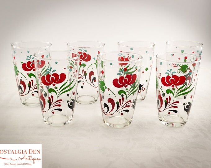 Vintage Glass Tumblers | 12 Oz PA Dutch Style Folk Art Glasses | Set of 7